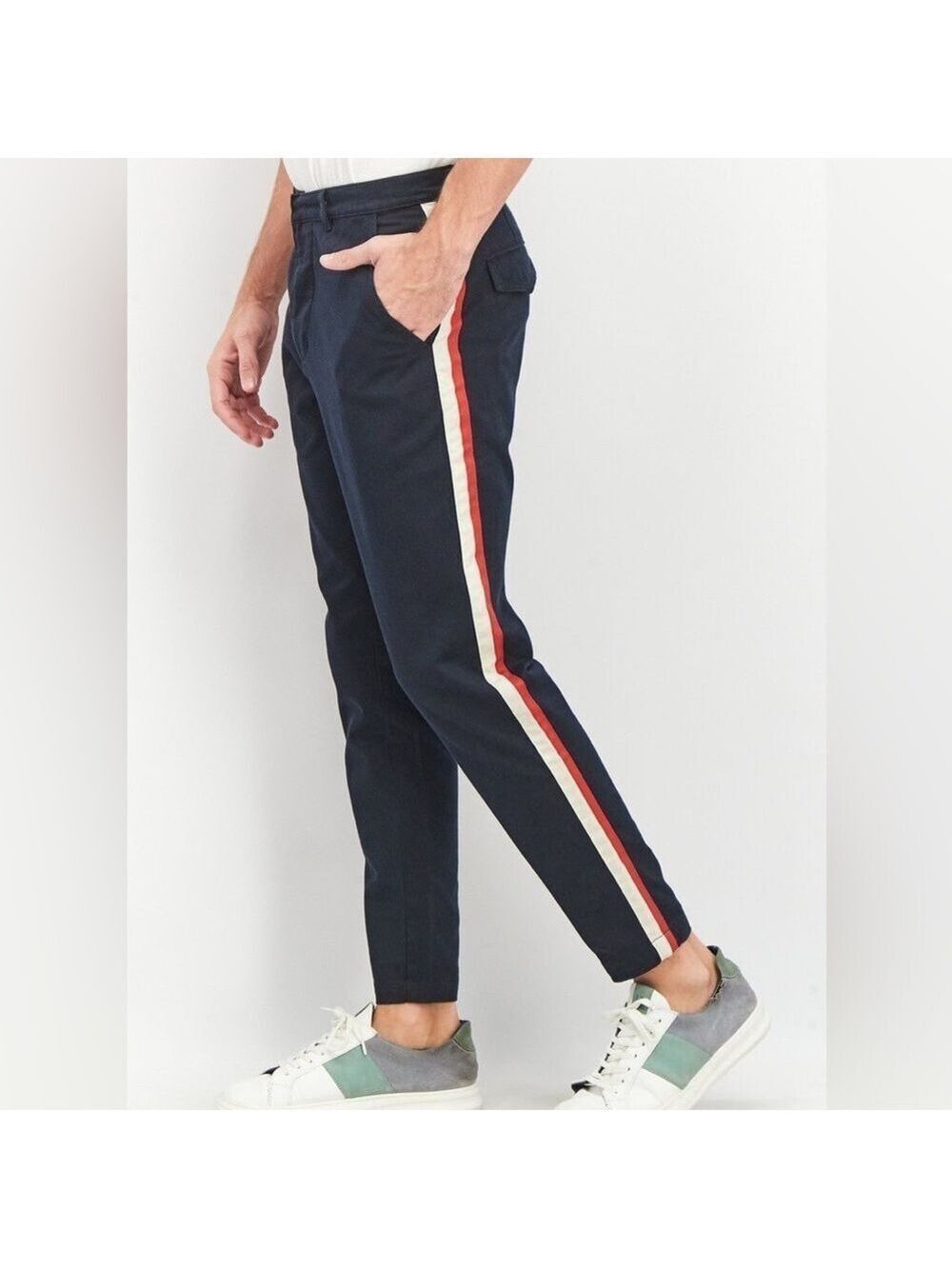 The Kooples Navy Chino Pants with Red and White Side Stripe Button Fly-EU48 (32)